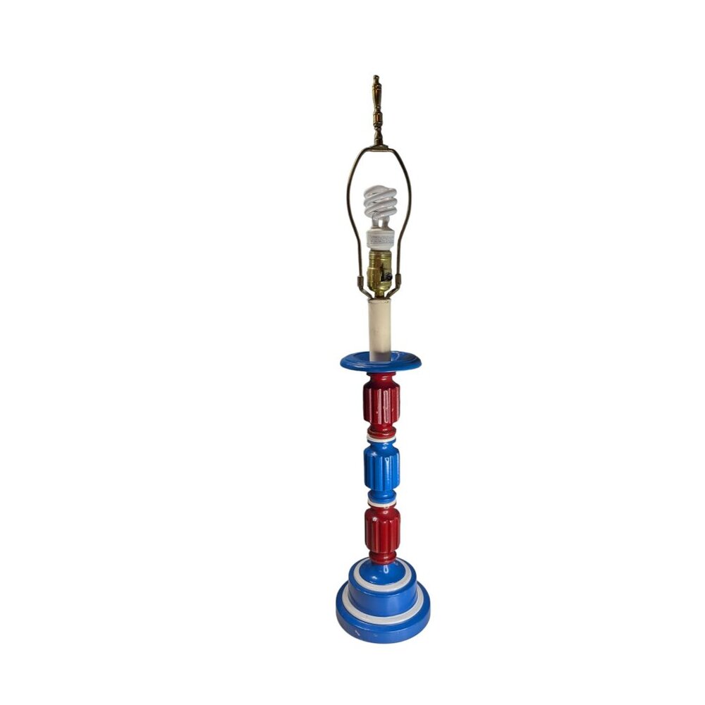 Vintage Red & Blue Table Lamp With Tiered Base & Corded Plug For Home Decor 18"